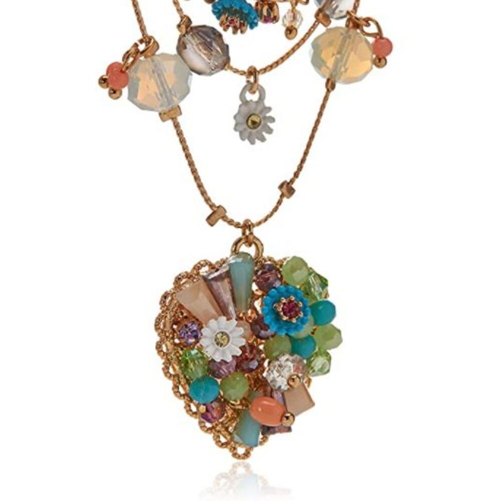 Betsey Johnson Layered Necklace Woven Heart Charm Gold Tone Boho Fashion Signed